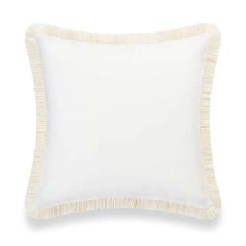 Hofdeco Premium Coastal Patio Indoor Outdoor Pillow Cover Only, 20"x20" Water Resistant for Backyard, Couch, Solid White Fringe
