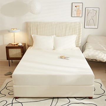VClife Cream Bed Fitted Sheet for Queen Size Bed, Queen Ivory White Bedding Fitted Sheet with Deep P...