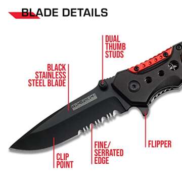 Tac-Force- Folding Pocket Knife – Black Partially Serrated Blade with Black and Red Aluminum Handle, Rope Cutter, Glass Punch and Pocket Clip, Tactical, EDC, Rescue - TF-723FD