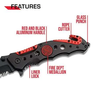 Tac-Force- Folding Pocket Knife – Black Partially Serrated Blade with Black and Red Aluminum Handle, Rope Cutter, Glass Punch and Pocket Clip, Tactical, EDC, Rescue - TF-723FD