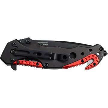 Tac-Force- Folding Pocket Knife – Black Partially Serrated Blade with Black and Red Aluminum Handle, Rope Cutter, Glass Punch and Pocket Clip, Tactical, EDC, Rescue - TF-723FD