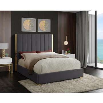 Meridian Furniture Becca Collection Modern | Contemporary Velvet Upholstered Bed with Deep Channel T...