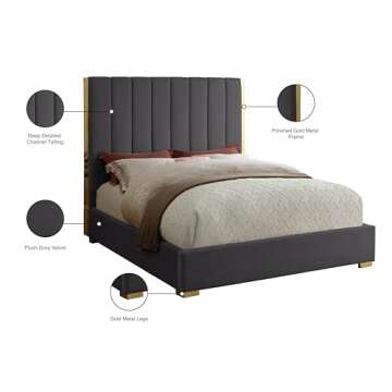 Meridian Furniture Becca Collection Modern | Contemporary Velvet Upholstered Bed with Deep Channel Tufting and Polished Gold Metal Frame, Grey, King