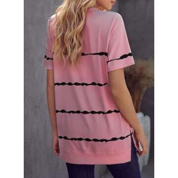 Biucly Women's Summer Casual Sexy Short Sleeve Crewneck Stripe Printed Tee Loose Tops Tshirts for Womens 2025(Pink, Large)