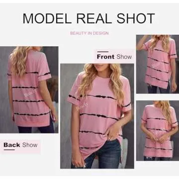 Biucly Women's Summer Casual Sexy Short Sleeve Crewneck Stripe Printed Tee Loose Tops Tshirts for Womens 2025(Pink, Large)