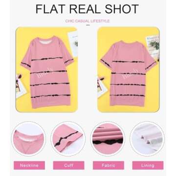 Biucly Women's Summer Casual Sexy Short Sleeve Crewneck Stripe Printed Tee Loose Tops Tshirts for Womens 2025(Pink, Large)