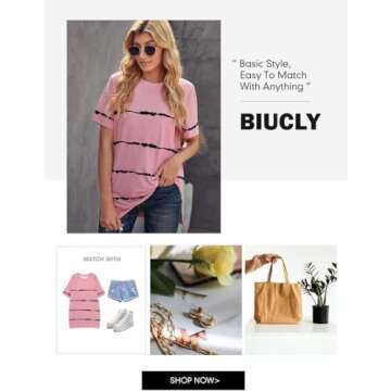Biucly Women's Summer Casual Sexy Short Sleeve Crewneck Stripe Printed Tee Loose Tops Tshirts for Womens 2025(Pink, Large)