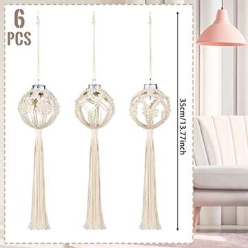 6 Pieces Macrame Christmas Ball Ornaments Boho Wall Hanging Decoration Bulk Christmas Tree Hanging Ornaments Snowflake Woven Macrame Beads and Tassels Ball Crafts for Party Decor Supplies