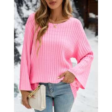 Saodimallsu Womens Oversized Sweaters 3/4 Sleeve Crew Neck Casual Loose Fit Soft Knit Tunic Sweater Tops Pink