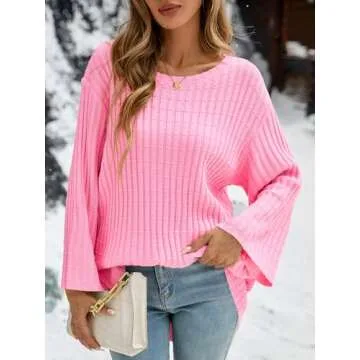 Saodimallsu Womens Oversized Sweaters 3/4 Sleeve Crew Neck Casual Loose Fit Soft Knit Tunic Sweater Tops Pink