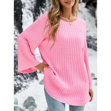 Saodimallsu Womens Oversized Sweaters 3/4 Sleeve Crew Neck Casual Loose Fit Soft Knit Tunic Sweater Tops Pink