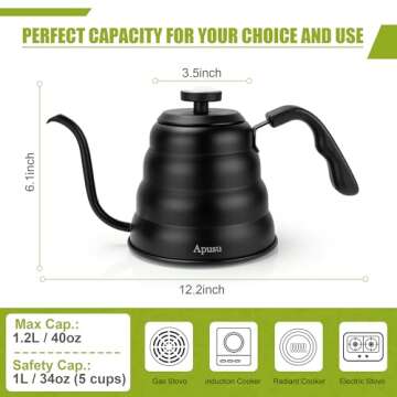 Tea Kettle with Thermometer Pot Black Stovetop Tea Kettle 40 oz 1200ml Gooseneck Kettle Teapot Pour Over Coffee Kettle with Thermometer,40oz,Black,1Pack