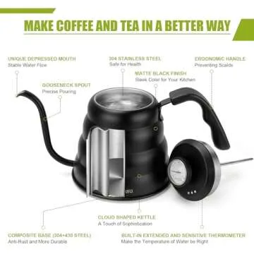 Tea Kettle with Thermometer Pot Black Stovetop Tea Kettle 40 oz 1200ml Gooseneck Kettle Teapot Pour Over Coffee Kettle with Thermometer,40oz,Black,1Pack