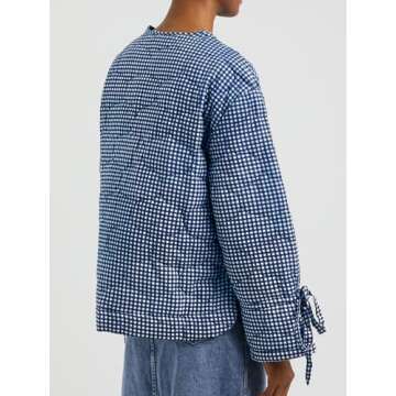 Tankaneo Womens Cropped Quilted Puffer Jackets Lightweight Plaid Button Down Bow Padded Down Coat