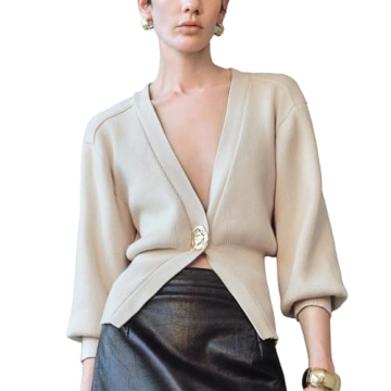 URBAN REVIVO Women Knitted Cardigans Long Sleeve V-Neck Lightweight Sweater One Leaf Button Down Outwear Beige, X-Large