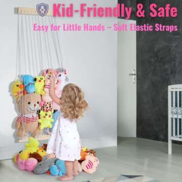 VOMELON Stuffed Animal Storage Hammock Wooden Plush Toy Organizer for Kids Room Décor, Playroom Nursury Plush Toys Storage Caddy, Decoration Wall Hanging Stuffed Animal Net or Hammock Corner