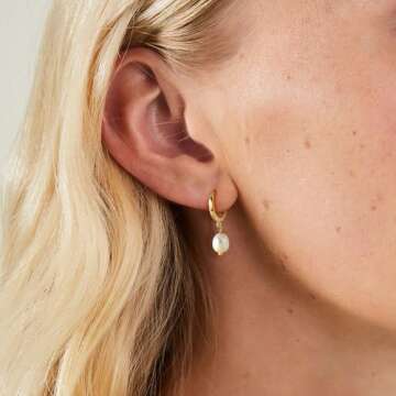 Me&Hz Gold Pearl Hoop Earrings for Women Statement Irregular Freshwater Baroque Pearl Dangle Earring...