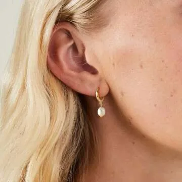 Me&Hz Gold Pearl Hoop Earrings for Women Statement Irregular Freshwater Baroque Pearl Dangle Earring...