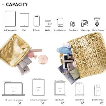 JINMANXUE Women Boston Bag Woven Vegan Leather Handbags Female Satchel Messenger Bag Fashion Shoulder Bag Casual Hobo (B-Golden)