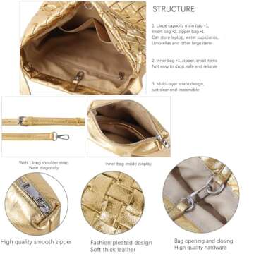 JINMANXUE Women Boston Bag Woven Vegan Leather Handbags Female Satchel Messenger Bag Fashion Shoulder Bag Casual Hobo (B-Golden)