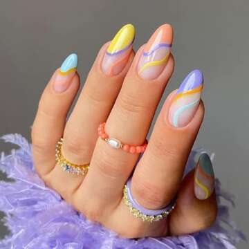 6 Packs (144 Pcs) Press on Nails Medium Design, Misssix Short Fake Nails Almond French Glue on Nails Set with Adhesive Tabs Nail File for Women