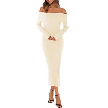 MEROKEETY Women's Winter Off Shoulder Bodycon Sweater Dress Formal Long Sleeve Elegant Cocktail Part...