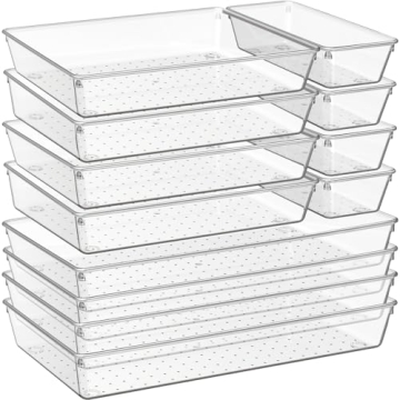 Criusia 12 Pack Large Clear Plastic Drawer Organizer Trays | MULTI-USE Acrylic Drawer Storage for Ki...