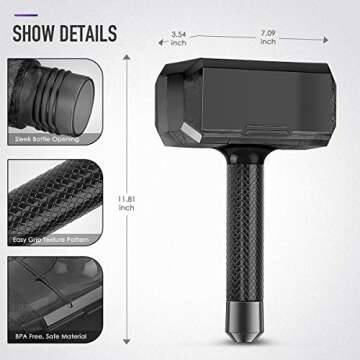 moofin - Thor Hammer Water Bottle - 1.7 Liter Black - BPA Free Mjolnir Sports Hydro Novelty Funny Gift Leakproof Durable, Non Toxic, for Fitness Outdoor Adults, 58Oz (Black)