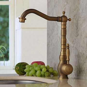 Hiendure® Antique Brass Unique Designer Plumbing Fixtures Single Hole Long Curve Spout Kitchen Fauc...