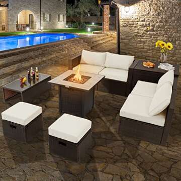Tangkula 9 Pieces Outdoor Patio Furniture Set with 30” Propane Fire Pit Table, PE Wicker Sectional...
