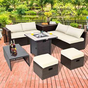 Tangkula 9 Pieces Outdoor Patio Furniture Set with 30” Propane Fire Pit Table, PE Wicker Sectional Sofa Set with Storage Box and Cushions, 50,000 BTU Gas Fire Table, 2 Protective Covers (Off White)
