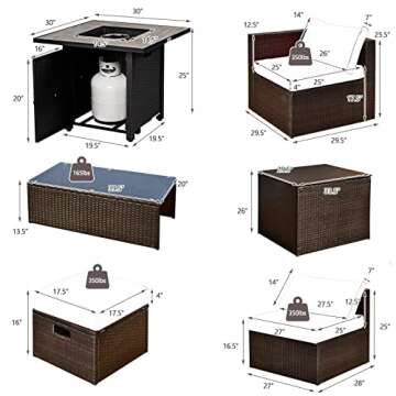 Tangkula 9 Pieces Outdoor Patio Furniture Set with 30” Propane Fire Pit Table, PE Wicker Sectional Sofa Set with Storage Box and Cushions, 50,000 BTU Gas Fire Table, 2 Protective Covers (Off White)