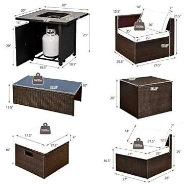 Tangkula 9 Pieces Outdoor Patio Furniture Set with 30” Propane Fire Pit Table, PE Wicker Sectional Sofa Set with Storage Box and Cushions, 50,000 BTU Gas Fire Table, 2 Protective Covers (Off White)