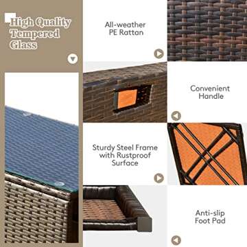 Tangkula 9 Pieces Outdoor Patio Furniture Set with 30” Propane Fire Pit Table, PE Wicker Sectional Sofa Set with Storage Box and Cushions, 50,000 BTU Gas Fire Table, 2 Protective Covers (Off White)