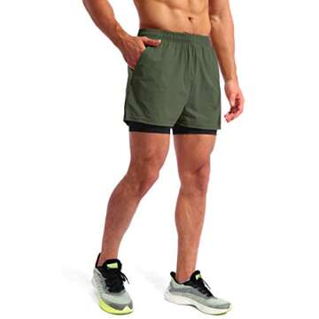 Pudolla Men’s 2 in 1 Running Shorts 5" Quick Dry Gym Athletic Workout Shorts for Men with Phone Pockets(Dark Green X-Large)