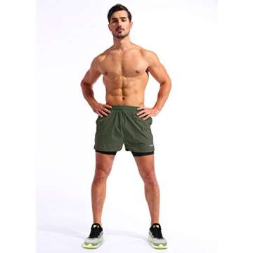 Pudolla Men’s 2 in 1 Running Shorts 5" Quick Dry Gym Athletic Workout Shorts for Men with Phone Pockets(Dark Green X-Large)
