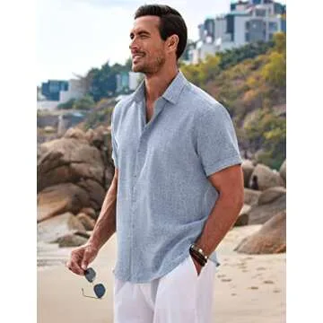 COOFANDY Men's Linen Shirt Casual Shirts Short Sleeve Shirts Button Down Linen Beach Shirts for Men Summer Outfit Light Denim Blue