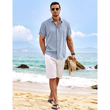 COOFANDY Men's Linen Shirt Casual Shirts Short Sleeve Shirts Button Down Linen Beach Shirts for Men Summer Outfit Light Denim Blue