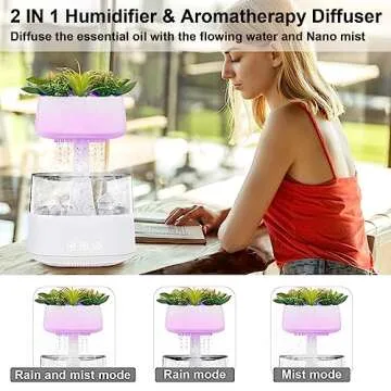 Aromatherapy Diffuser Humidifier,LIFMAGE Artificial Plants Night Light Aromatherapy Essential Oil Diffuser Rain Drop Humidifier with Remote Control,USB-C Power Cable,Timer, 7 Color Light Changing