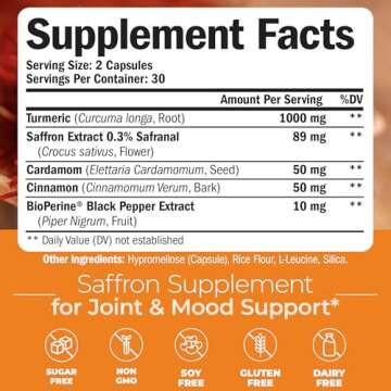 Saffron Supplements - Turmeric Curcumin Supplement with Black Pepper, Saffron Extract, Cardamom and Cinnamon Pills for Mood, Memory, Eye Health. Joint Supplements for Women & Men. 60 Tumeric Capsules