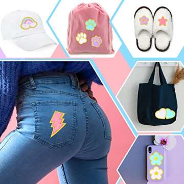 156 Pcs Glitter Self Adhesive Letters Chenille Clothing Patches Embroidered Repair Fuzzy Patches Alphabet Patches Gold Trimmed Preppy Clothing Badges Sewing Appliques (Pastel Colors,Simple)