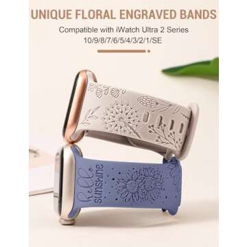 Minyee 2 Packs Floral Engraved Band Compatible with Apple Watch Bands 38mm 40mm 41mm 44mm 45mm 42mm ...