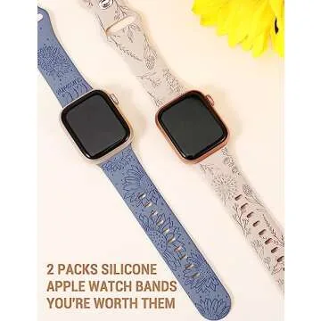 Minyee 2 Packs Floral Engraved Band Compatible with Apple Watch Bands 38mm 40mm 41mm 44mm 45mm 42mm 49mm Women, Cute Silicone Sunflower Fancy Summer Strap for iWatch Series 8/7//6/5/4/3/2/1/SE/Ultra