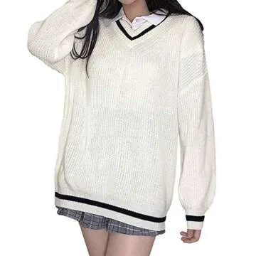 Women E-Girl Y2k Argyle Sweater Oversized Long Sleeve Color Block Knitwear Knitted Pullover Tops Vintage Preppy Streetwear (as1, Alpha, l, Regular, Regular, White)