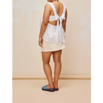 Dsewpaur Women Sleeveless Gingham Tops Y2K Bow Tie Back Tank Tops Square Neck Backless Casual Summer Going Out Peplum Tops White