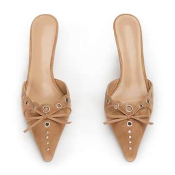 DOEYG Tan Kitten Heels for Women Pointed Toe Heels Mules Dressy Vintage Bow Sexy Pointy Studded Slip on Stiletto Pumps Apricot Size 8.5