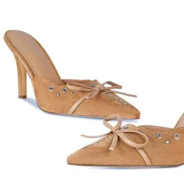 DOEYG Tan Kitten Heels for Women Pointed Toe Heels Mules Dressy Vintage Bow Sexy Pointy Studded Slip on Stiletto Pumps Apricot Size 8.5