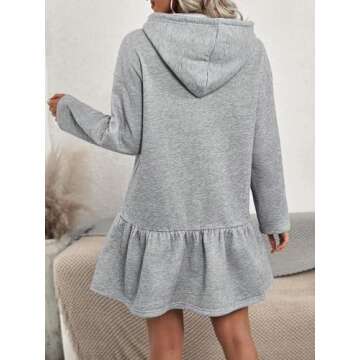 MakeMeChic Women's Casual Long Sleeve Hooded Dress Drop Shoulder Ruffle Hem Drawstring Flared Sweatshirt Dresses