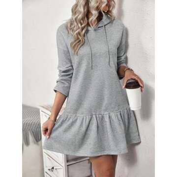 MakeMeChic Women's Casual Long Sleeve Hooded Dress Drop Shoulder Ruffle Hem Drawstring Flared Sweatshirt Dresses