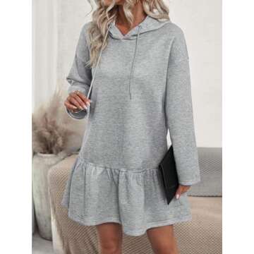 MakeMeChic Women's Casual Long Sleeve Hooded Dress Drop Shoulder Ruffle Hem Drawstring Flared Sweatshirt Dresses